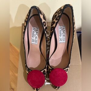 Pan Caldi Leopard Print Heels with Red Accents